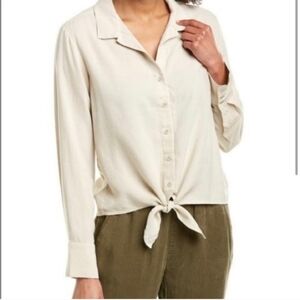 cloth & stone Beige Button-Front Tie-Hem Long Sleeve Blouse Medium
